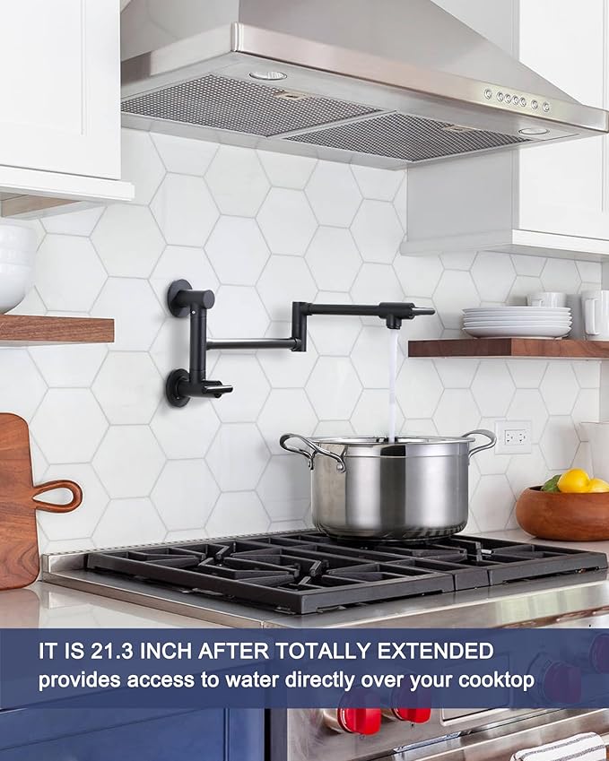 WOWOW Pot Filler Faucet Black: Single Hole Wall Mount Stove Faucet, Brass Pot Filler Two Attachment with Double Joint Swing Arms