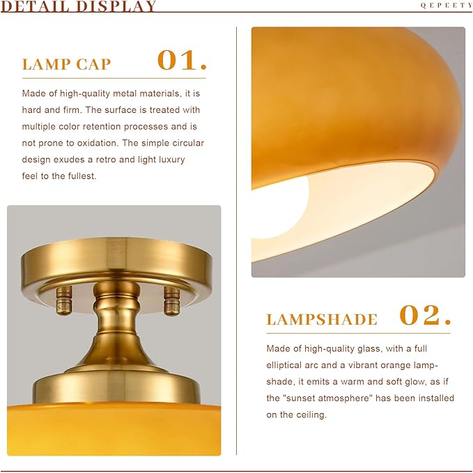 Retro Orange Glass Flush Mount Ceiling Light Fixture, 15.74 Inch Industrial Close to Ceiling Lamp for Bedroom Living Room Kitchen Hallway, E26 Base, Easy Installation