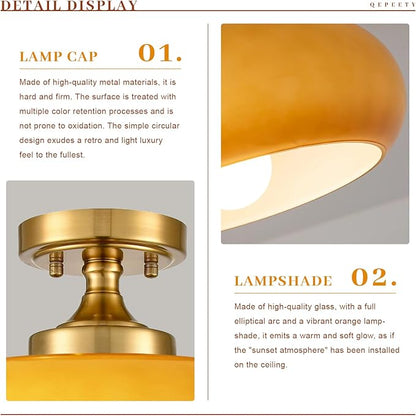 Retro Orange Glass Flush Mount Ceiling Light Fixture, 15.74 Inch Industrial Close to Ceiling Lamp for Bedroom Living Room Kitchen Hallway, E26 Base, Easy Installation