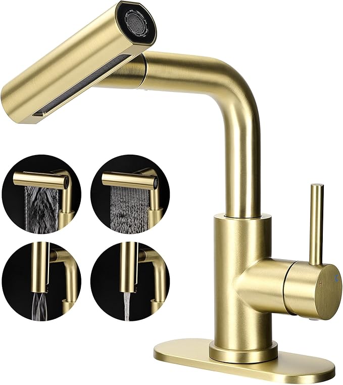 Bathroom Sink Faucet with 4 Mode Pull Down Sprayer, Brushed Gold Single Handle Pull Out Faucet with Pop-Up Drain, 1 or 3 Hole Laundry Bar Basin Faucet with Deck Plate
