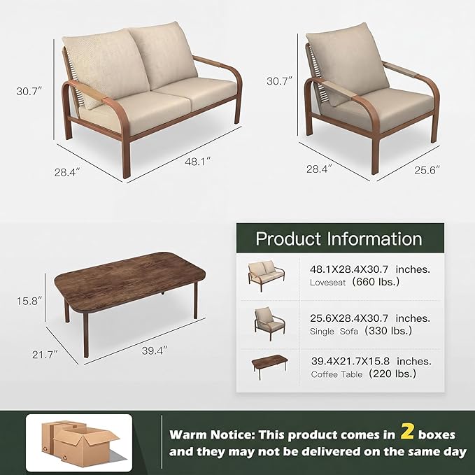 Aluminum Patio Conversation Set, 4-Piece Outdoor Furniture with Coffee Table, Loveseat and Cushions, All-Weather Sofa Set, Beige