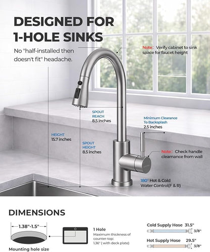WEWE Kitchen Faucets with Pull Down Sprayer, Leak-Proof Stainless Steel Lead-Free Single Handle 1 Hole for Family Kitchen Commercial Camper Laundry Rv Bar, Brushed Nickel Bar Sink Faucet