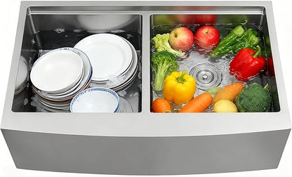 33 Inch Double Farmhouse kitchen Sink,16-Gauge SUS304 Stainless Steel Farm Sinks, 50/50 Apron Front Features Workstaion Sink With Accessories,33''×20''×10" Large and Deep Double Kitchen Sinks