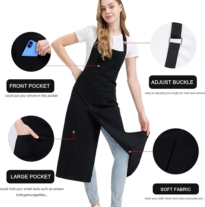 Molaxhome Split Apron with 3 Pockets,Unisex Pottery Apron with Adjustable Strap for Kitchen Ceramics