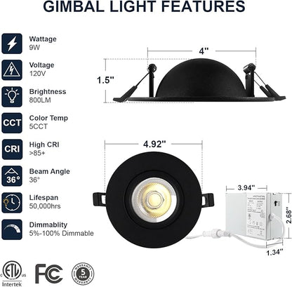 6 Pack Black 4-inch 5 CCT Gimbal LED Recessed/Downlight Color Selectable 2700K/3000K/3500K/4000K/5000K 800Lm 9W 120V Dimness Adjustable LED Lights