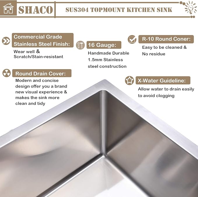 SHACO 33x22 Inch Drop In Kitchen Sink, 33 Inch Stainless Steel Top mount Single Bowl Commercial Sink, 16 Gauge Handmade Kitchen Sink with Strainer Drain