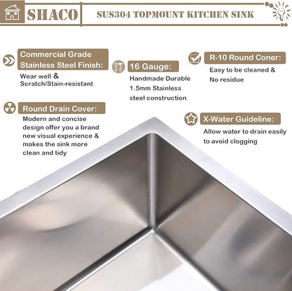 SHACO 33x22 Inch Drop In Kitchen Sink, 33 Inch Stainless Steel Top mount Single Bowl Commercial Sink, 16 Gauge Handmade Kitchen Sink with Strainer Drain