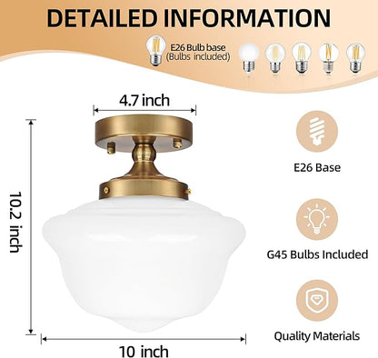 Bagood 10" Mid Century Light Fixture Gold Schoolhouse Lights Fixture Schoolhouse Light Fixtures Ceiling Milk Glass Lights Fixtures Semi Flush Mount Ceiling for Bathroom Kitchen (Bulb Incl.)