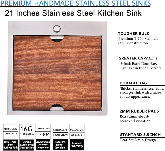 21x20 Inch Drop In Kitchen Sink Workstation - VAPSINT 21 Inch Topmount Kitchen & Bar Sink 16 Gauge Stainless Steel Handmade Single Bowl Small Kitchen Sinks for RV Wet Prep with Accessories