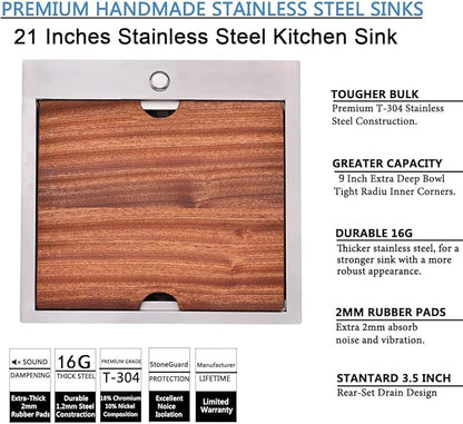 21x20 Inch Drop In Kitchen Sink Workstation - VAPSINT 21 Inch Topmount Kitchen & Bar Sink 16 Gauge Stainless Steel Handmade Single Bowl Small Kitchen Sinks for RV Wet Prep with Accessories