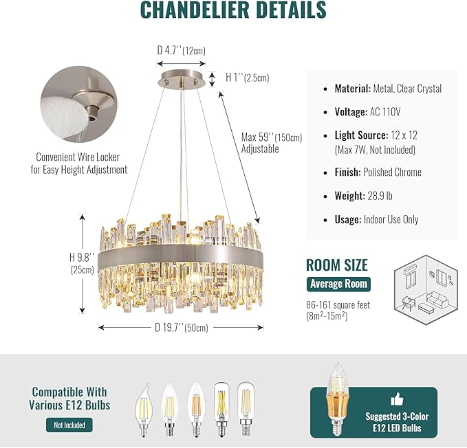 Siljoy Modern Crystal Chandeliers 12-Light Luxury Brushed Nickel K9 Crystal Raindrop Chandelier Adjustable Dimmable Crystal Ceiling Light Fixture for Dining Room Living Room Bedroom D19.7''
