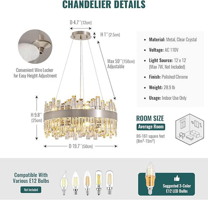 Siljoy Modern Crystal Chandeliers 12-Light Luxury Brushed Nickel K9 Crystal Raindrop Chandelier Adjustable Dimmable Crystal Ceiling Light Fixture for Dining Room Living Room Bedroom D19.7''