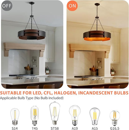 Modern Farmhouse Chandelier 26" Industrial Drum Pendant Lighting Fixture 5-Light Black Walnut Grain Finish for Dining Room Kitchen Island Office Living Room