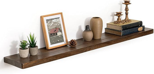 48 Inch Flat Edge Floating Shelves, 8 Inch Deep Solid Elm Wood Wall Shelf, Heavy-Duty Wall Mounted Shelf with Invisible Brackets for Living Room, Bathroom, Kitchen, Set of 1, Walnut Color