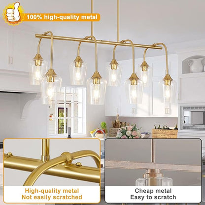 Dining Room Light Fixture/Chandelier Over Table (38inch, 8-Light), Brushed Gold Kitchen Island Lighting with Clear Glass Shade, Modern Hanging Pendant Lights Fixture for Kitchen Island, Dining Room