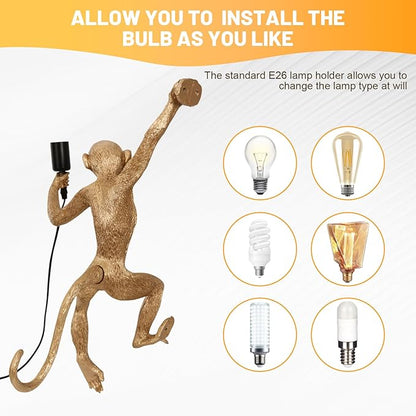 Monkey Wall Lamp, Creative Monkey Shape Plug in Wall Sconces, Resin Retro Indoor Decorative Animal Light Fixture for Bedroom, Living Room, Childrens Room and Home Decoration