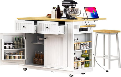 Ball & Cast 48" Large Kitchen Island with Power Outlet and Adjustable Shelf,Rolling Kitchen Cart on 5 Wheels W/Drop Leaf & 5 Open Side Racks,Kitchen Storage Cart for Dining Room,White,48"