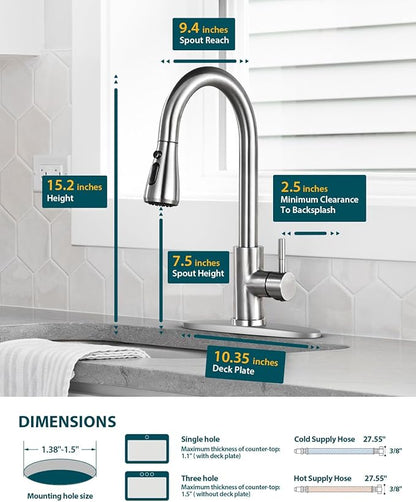 Hiqufet Kitchen Sink Faucet with Pull Down Sprayer with Deck Plate, Brushed Nickel High ArcFaucet, Stainless Steel Modern RV Bar Sink Faucets for Pot Filler, Farmhouse Camper Bar Laundry Room