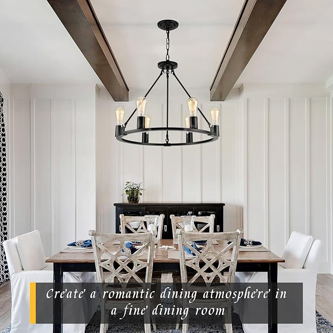 Black Chandelier, 6-Light Dining Room Light Fixture, Round Farmhouse Wagon Wheel Chandeliers for Dining Room Living Room Entryway Kitchen Island Dia 24"