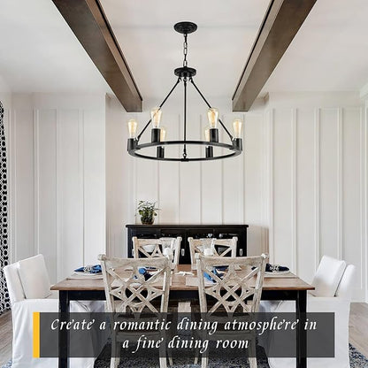 Black Chandelier, 6-Light Dining Room Light Fixture, Round Farmhouse Wagon Wheel Chandeliers for Dining Room Living Room Entryway Kitchen Island Dia 24"