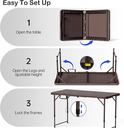 Folding Table 4 Foot for Indoor Outdoor, Portable Heavy Duty Fold-in-Half Utility Small Plastic Adjustable Height Folding with Carrying Handle for Picnic Camping and Party, Brown