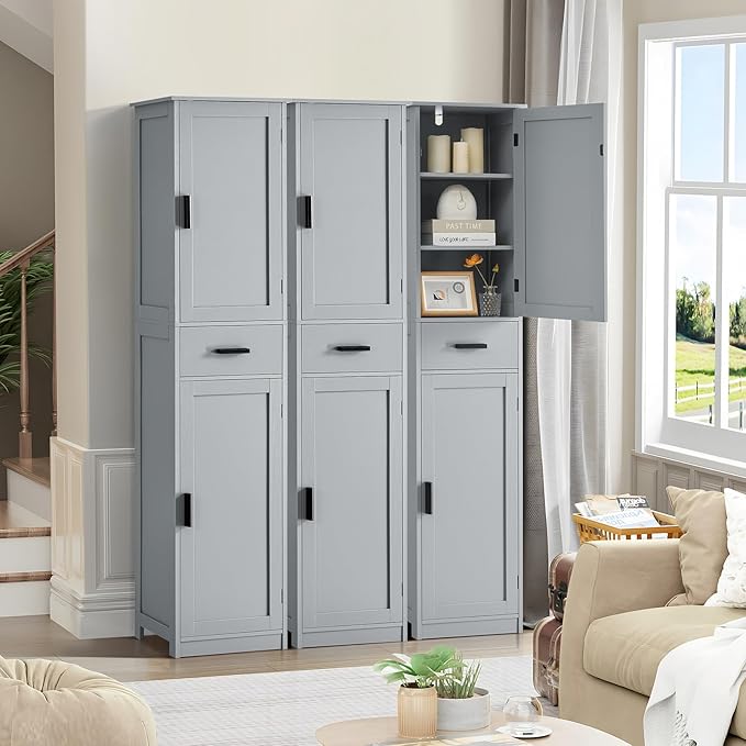 usikey 67“ Tall Bathroom Cabinet, Storage Cabinet with 4 Shelves & 2 Doors, Narrow Storage Cabinet for Bathroom, Living Room, Home Office, Greige UNSNG040G