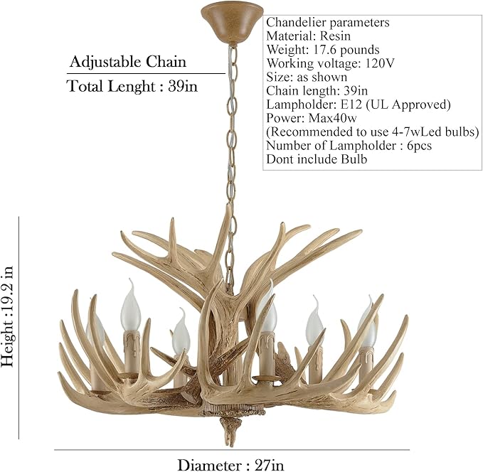 Rustic Antler Chandelier Lighting,Retro Deer Antler Chandelier 6 Light,E12 Base, Deer Horn Ceiling Pendant Light Fixtures for Home Hotel Store (6 lamp arms + 3 arms)