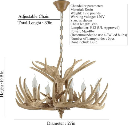 Rustic Antler Chandelier Lighting,Retro Deer Antler Chandelier 6 Light,E12 Base, Deer Horn Ceiling Pendant Light Fixtures for Home Hotel Store (6 lamp arms + 3 arms)