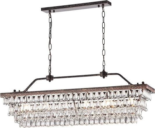 Edvivi Rectangular Linear Crystal Chandelier 40 in. W, 6 Lights Luxury Glam Adjustable Ceiling Lighting Fixture with 4 Rows of Teardrop Crystals for Living Dining Room Kitchen Island, Antique Bronze
