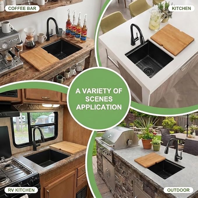 LQS Black Stainless Steel Undermount Bar Sink, 15" x 17" Small Wet Bar Sink and RV Kitchen Sink Workstation, 16 Gauge Stainless Steel Kitchen Sink with Abundant Accessories For RV, Outdoor, Coffee Bar