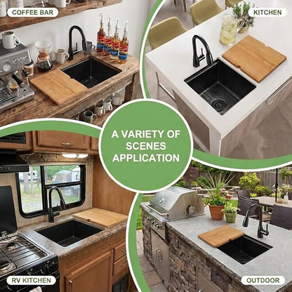 LQS Black Stainless Steel Undermount Bar Sink, 15" x 17" Small Wet Bar Sink and RV Kitchen Sink Workstation, 16 Gauge Stainless Steel Kitchen Sink with Abundant Accessories For RV, Outdoor, Coffee Bar