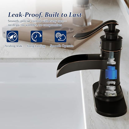 BWE Bathroom Sink Faucet Oil Rubbed Bronze Waterfall with Pop Up Drain Stopper Assembly Water Supply Hose Rustic Lead-Free Lavatory Vanity Bath Black Farmhouse Faucet Single Handle Mixer Single Hole