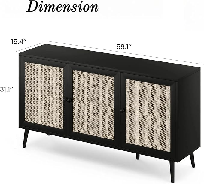 FONTOI Rattan Entryway Table, Entertainment Center with Adjustable Shelf, Sideboard Buffet Cabinet with 3 Rattan Doors, Modern Console Cabinet with Large Storage for Living Room, Kitchen, Black