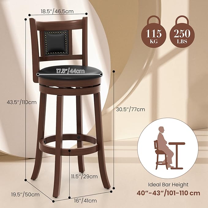 ERGOMASTER Set of 2 Swivel Bar Stools 30.5 Inch Height - 360° Rotating PU Leather Counter Stools with Backrest & Footrest, Brown Tobacco Wood Kitchen Island Stools, 250 lbs Capacity