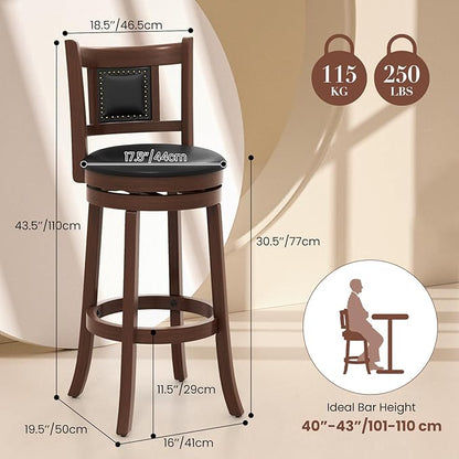 ERGOMASTER Set of 2 Swivel Bar Stools 30.5 Inch Height - 360° Rotating PU Leather Counter Stools with Backrest & Footrest, Brown Tobacco Wood Kitchen Island Stools, 250 lbs Capacity