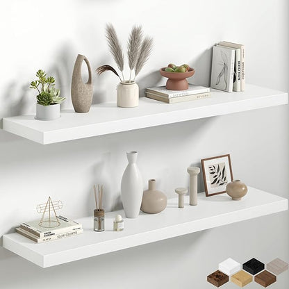 Fun Memories 48 Inch Floating Shelves, 12 Inch Deep Wall Shelves, 48 x 12 Floating Shelf Set of 2, White Rustic Wood Floating Shelf Wall Mounted for Large Kitchen Living Room Bedroom Bathroom Storage