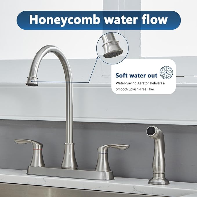 Friho Kitchen Faucet with Side Sprayer, Brushed Nickel Stainless Steel Kitchen Faucets with Supply Line, 3 or 4 Hole 2 Handle Kitchen Sink Faucet for RV Laundry Utility Bar