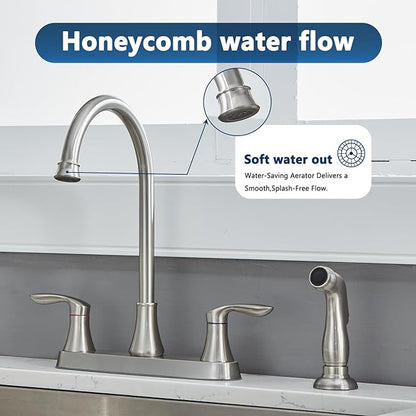 Friho Kitchen Faucet with Side Sprayer, Brushed Nickel Stainless Steel Kitchen Faucets with Supply Line, 3 or 4 Hole 2 Handle Kitchen Sink Faucet for RV Laundry Utility Bar