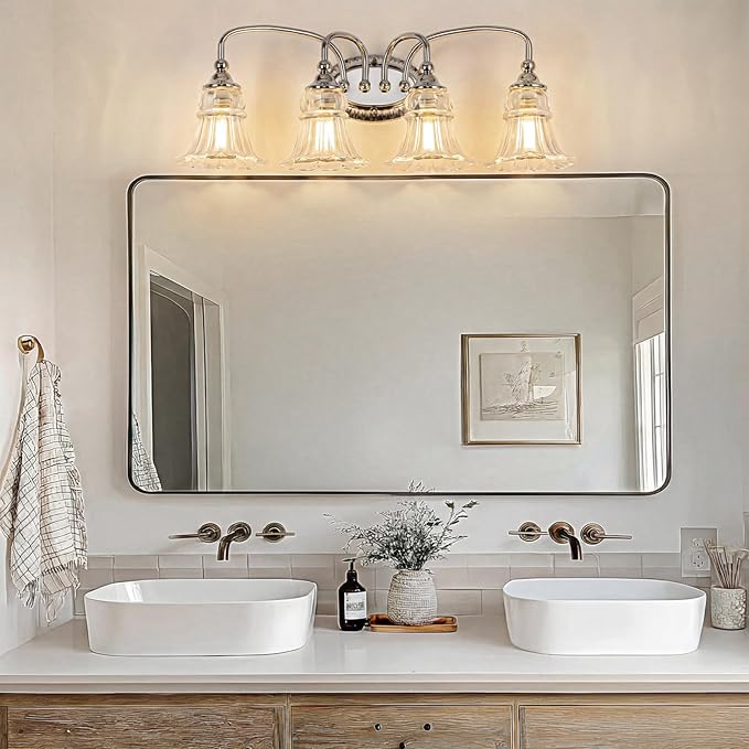4-Light Bathroom Light Fixtures Vintage Chrome Vanity Lights Over Mirror with Floral Glass Shade for Bathroom Powder Room, Living Room Hallway