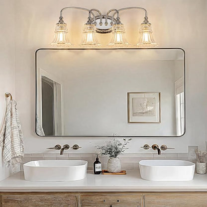 4-Light Bathroom Light Fixtures Vintage Chrome Vanity Lights Over Mirror with Floral Glass Shade for Bathroom Powder Room, Living Room Hallway