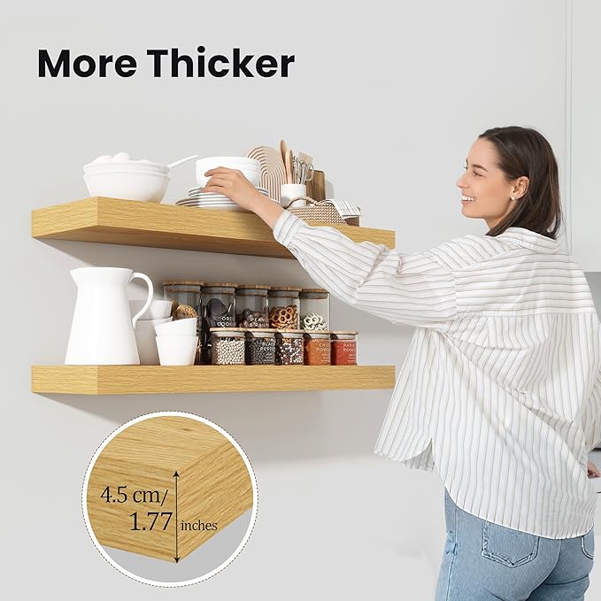 Heimlove 36 Inch Floating Shelves for Wall,10 Deep Wood Shelves with Invisible Brackets,Wall Mounted Storage & Display Shelves for Bedroom,Living Room,Kitchen,Office,Oak Color