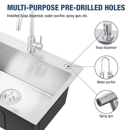 23.6 x 17.7 Inch Kitchen Sink Drop in, Stainless Steel Nano-Coating Kitchen Sinks, 8" Deep Single Bowl Sink with Basket & Drain Kit
