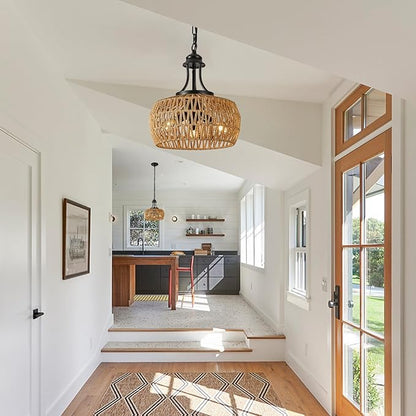12.6" Chandeliers for Dining Room, 3-Light Rattan Chandelier with Rattan Lampshade, Adjustable Height Coastal Chandeliers, Vintage Pendant Lighting for Kitchen, Bedroom
