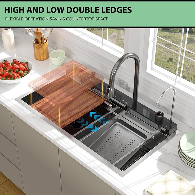 36 Inch Waterfall Kitchen Sink - Beslend 36x19 Drop In Waterfall Sink Stainless Steel Workstation Modern Smart Sinks 16 Gauge Single Bowl with Faucet Combo, Digital Display and Fancy Ambient Light BSL