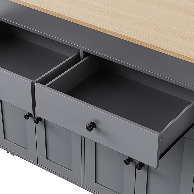 Ball & Cast 75" Kitchen Island with Extendable Dining Table,Rolling Dining Islands Cart On Wheels W/Spice Rack & 2 Drawers,Mobile Storage Kitchen Cart W/ 4 Door Cabinet,for Kitchen,Dining Room,Grey