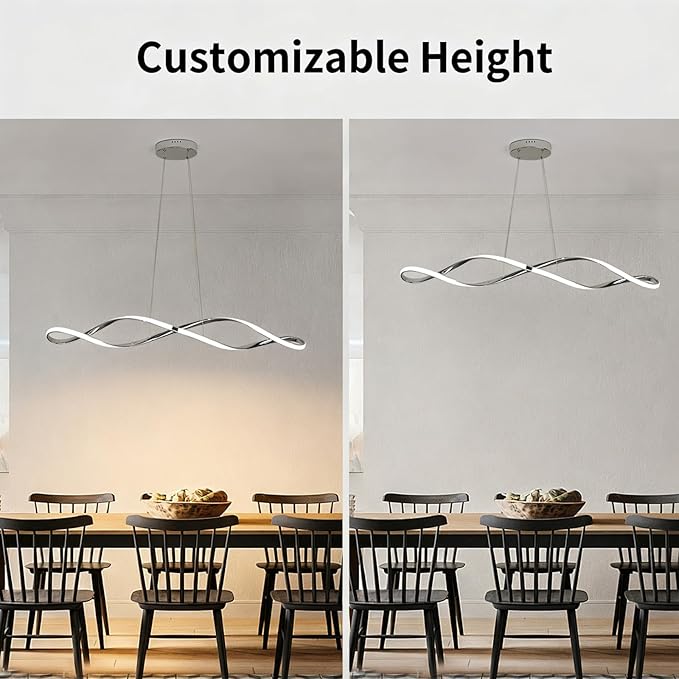 39 Inch Modern LED Pendant Light, Remote Control Dimmable Adjustable Height, DIY Kitchen Island Lighting & Dining Room Chandelier, Chrome Plated Energy Saving Linear Chandelier