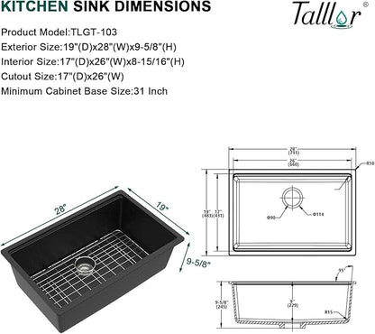 28 Inch Granite Composite Kitchen Sink - Matte Black Undermount Granite Kitchen Sink, Workstation All-In One Classic Quartz Single Bowl Sinks Basin, 28"x19" #TLGU-103
