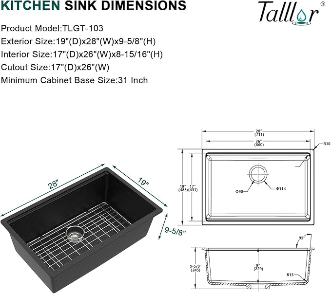 28 Inch Granite Composite Kitchen Sink - Matte Black Undermount Granite Kitchen Sink, Workstation All-In One Quartz Classic Single Bowl Sinks Basin, 28"x19" #TLGU-137