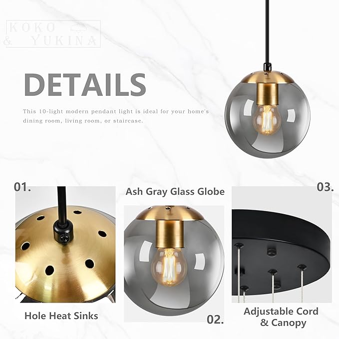 KoKo&Yukina Gold 10-Light Chandelier Modern Stairwell Lighting Adjustable Globe Cluster Lights with Grey Glass for Staircase