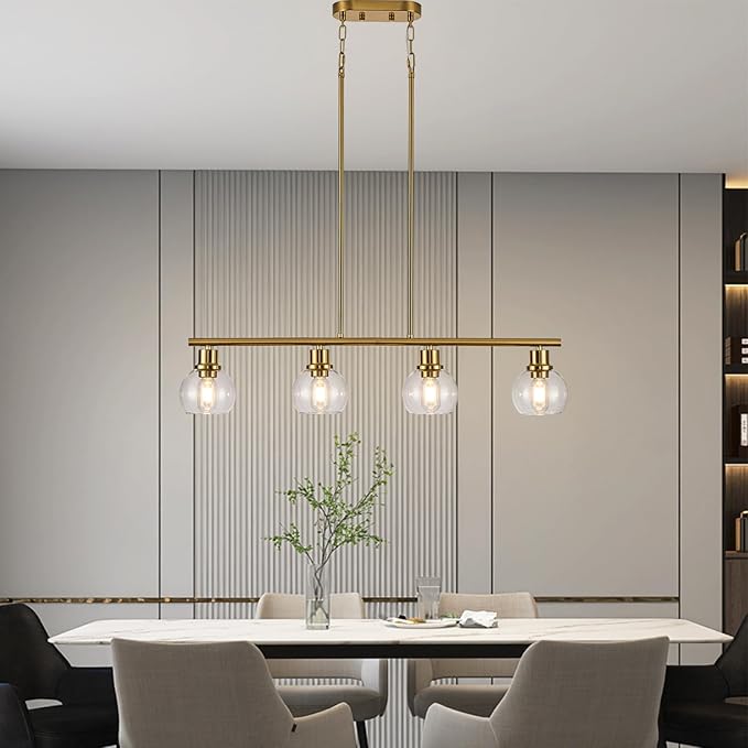 4-Light Linear Chandelier, Gold Chandelier Light Fixture, Kitchen Island Pendant Lighting with Clear Round Glass Shades